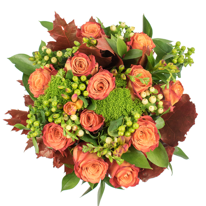 Captured from directly above on a bright white background, this opulent autumn bouquet is a study in harmonious contrasts and careful floristry. At the centre, large, fully opened roses display a soft-to-rich gradient of colour-peachy cores flowing into coral-orange and finishing with outer petals brushed with a russet-red that suggests the changing canopy of the season. Interlaced among these central blooms are clusters of small Hypericum berries in lively lime-green and delicate creamy-yellow, their glossy spheres creating bright, jewel-like accents that play against the matte velvet of rose petals. The arrangement's tactile intrigue is heightened by rounded, mossy clumps of Green Trick dianthus, whose plush, chartreuse-green texture reads like miniature green cushions and brings an organic, woodland note.
Deep burgundy and reddish-brown lobed leaves, reminiscent of fallen oak or maple, are artfully placed to ground the palette and add rustic drama, while varied green foliage-from broad shiny leaves to more delicate serrated forms-fills and frames the bouquet to create a full, abundant silhouette. Soft, diffused light brings out the petals' velvety highlights and casts subtle shadows that give depth to the composition, allowing each element to breathe despite the dense construction. The overall effect is both luxurious and warmly familiar, an arrangement that looks handcrafted in a small neighbourhood studio.
Made with care for local tables and gatherings, this bouquet would serve beautifully as a Thanksgiving centrepiece, a comforting gift, or seasonal décor for a Dalston flat near Kingsland High Street or Dalston Junction. Prepared with the seasoned touch of Dalston Florist, it reads as an homage to harvest colours and close-knit community moments.